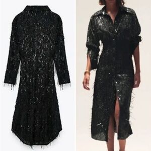 Zara Limited Edition Sequined Shirt Dress with Fringes In Black Size M NWT